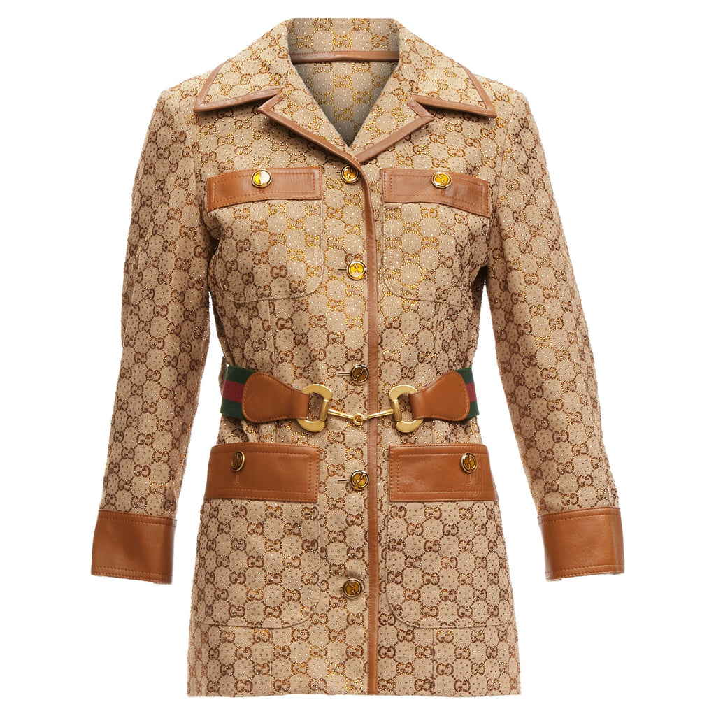Women's Gucci aria crystal embellished horsebit web belt gg canvas jacket