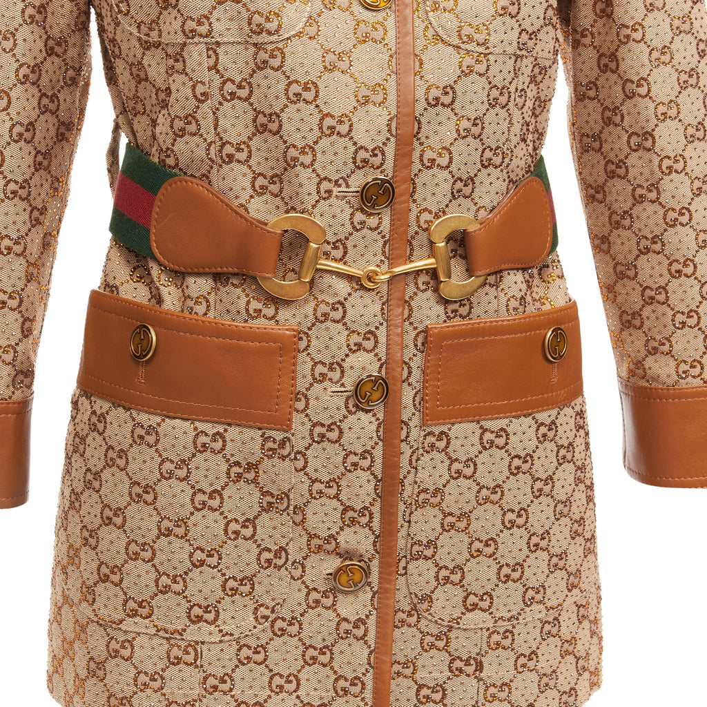 Women's Gucci aria crystal embellished horsebit web belt gg canvas jacket
