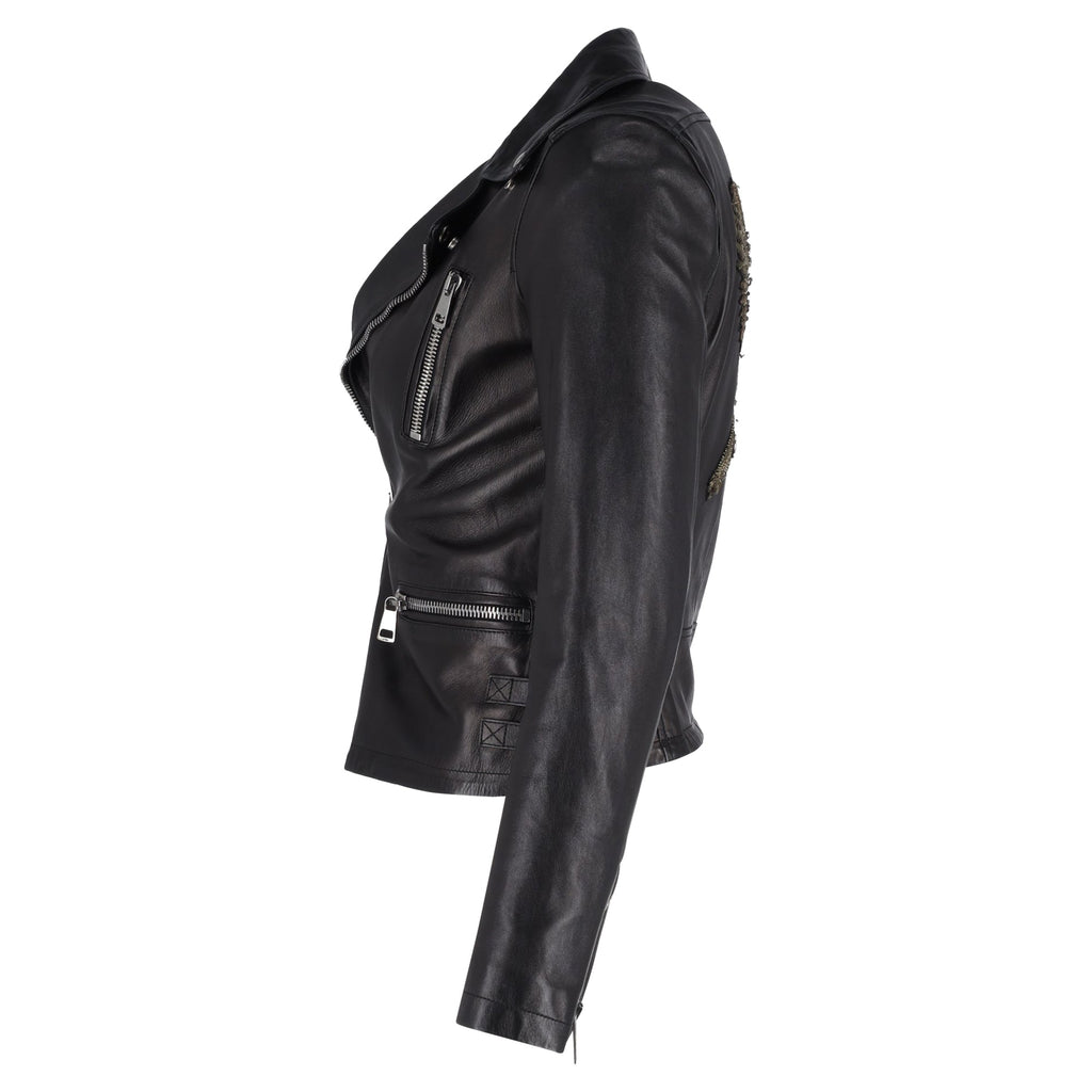 Women's Gucci Bird-Embroidered Biker Jacket in Black Leather