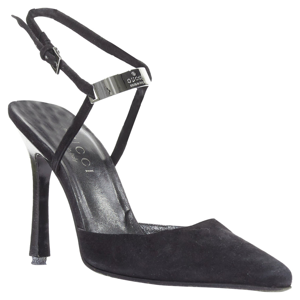 Women's Gucci black suede metal slingback pumps