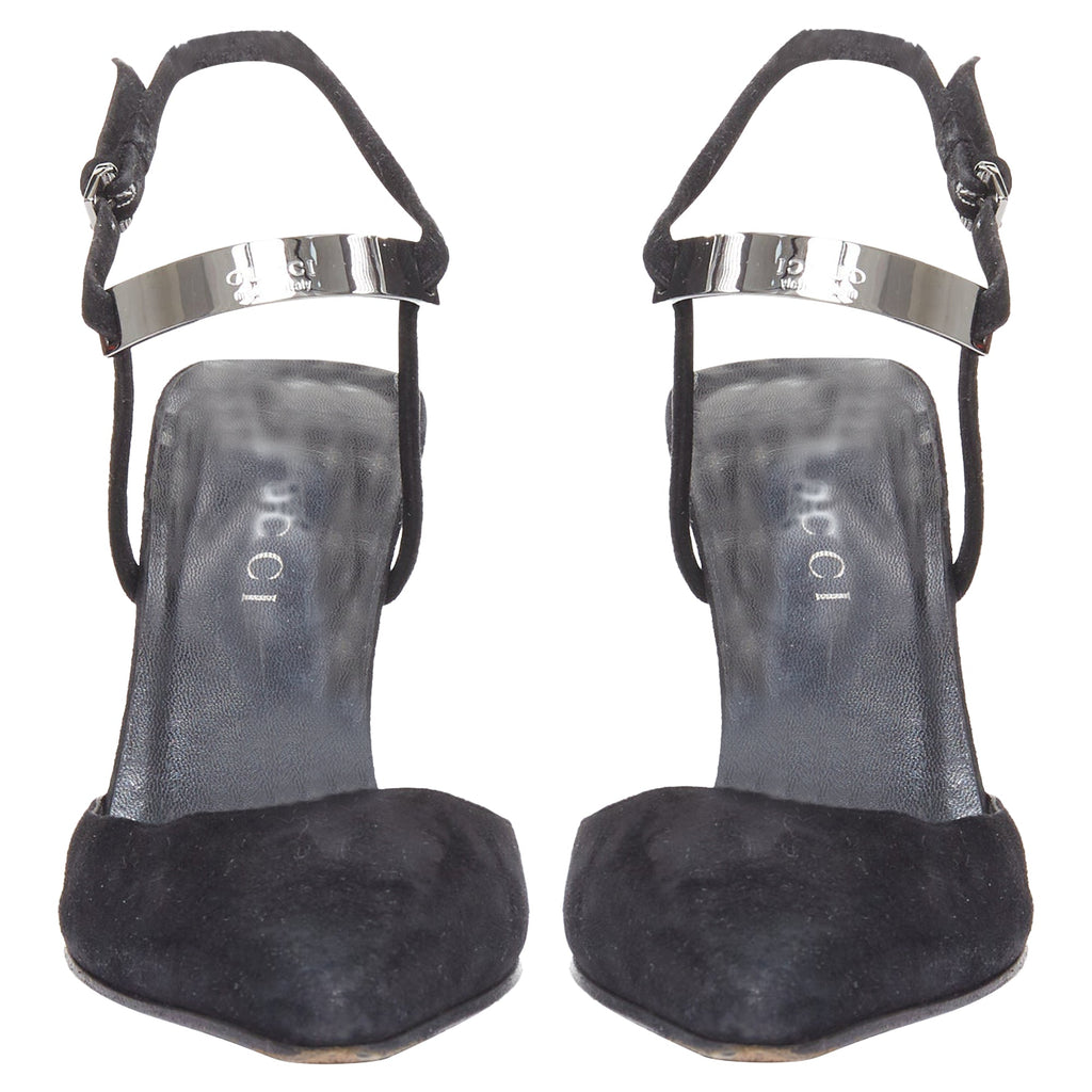 Women's Gucci black suede metal slingback pumps