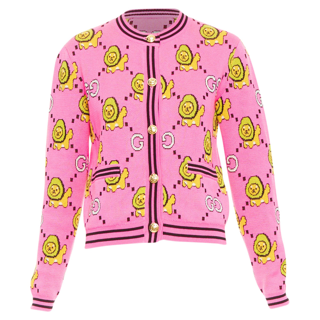 Women's Gucci pink cotton lion cropped cardigan