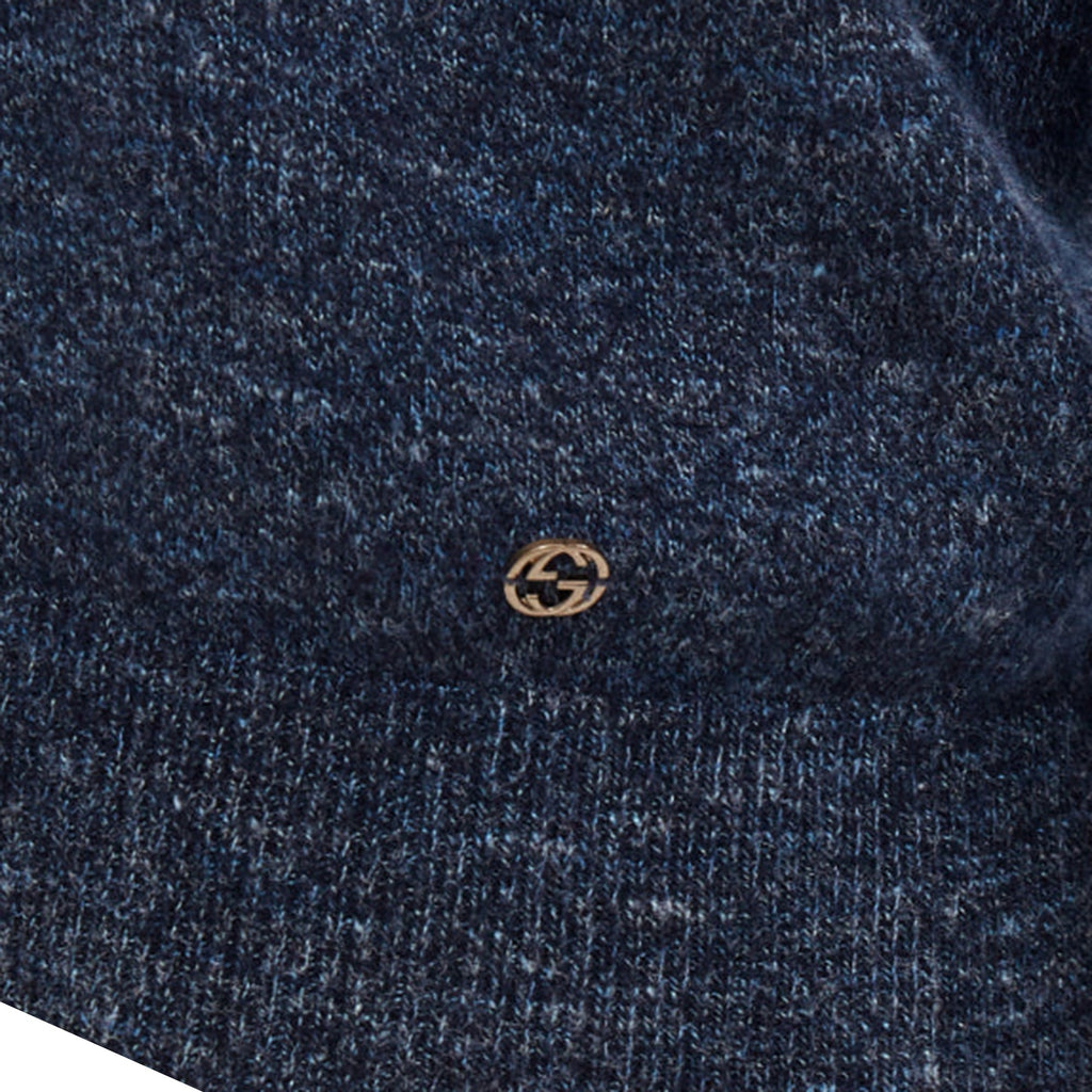 Men's Gucci navy wool silk cashmere melange V neck GG logo charm sweater