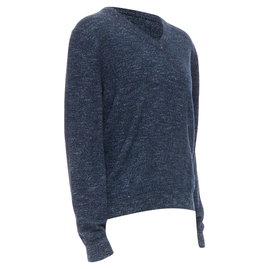 Men's Gucci navy wool silk cashmere melange V neck GG logo charm sweater